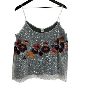 Anthropologie Seen Worn Kept Gray Silver Sequins Embroidered Cami Tank Top - XL